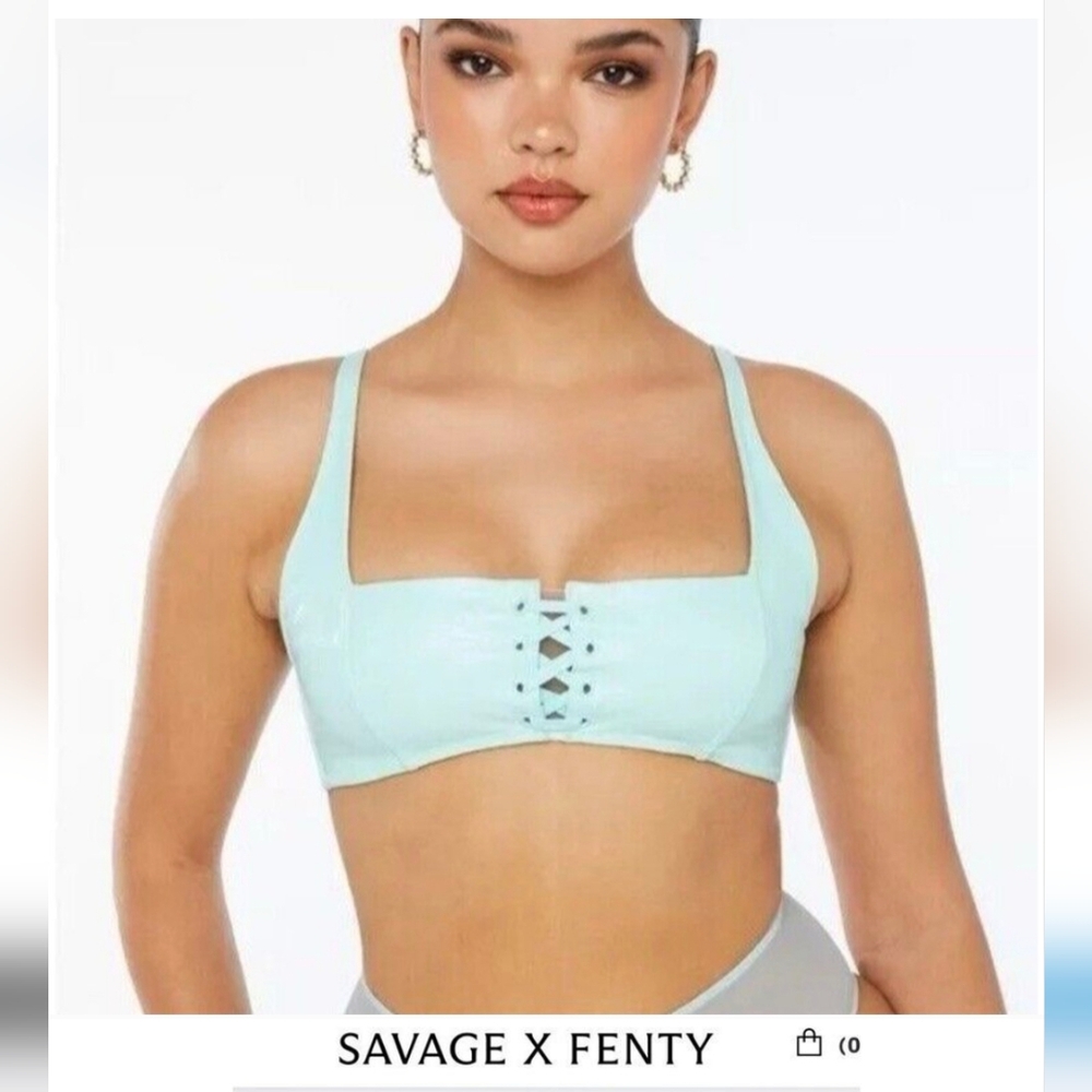 Savage x Fenty Aqua Blue Green Crocodile Faux Leather Bra Crop Top 3X NWT